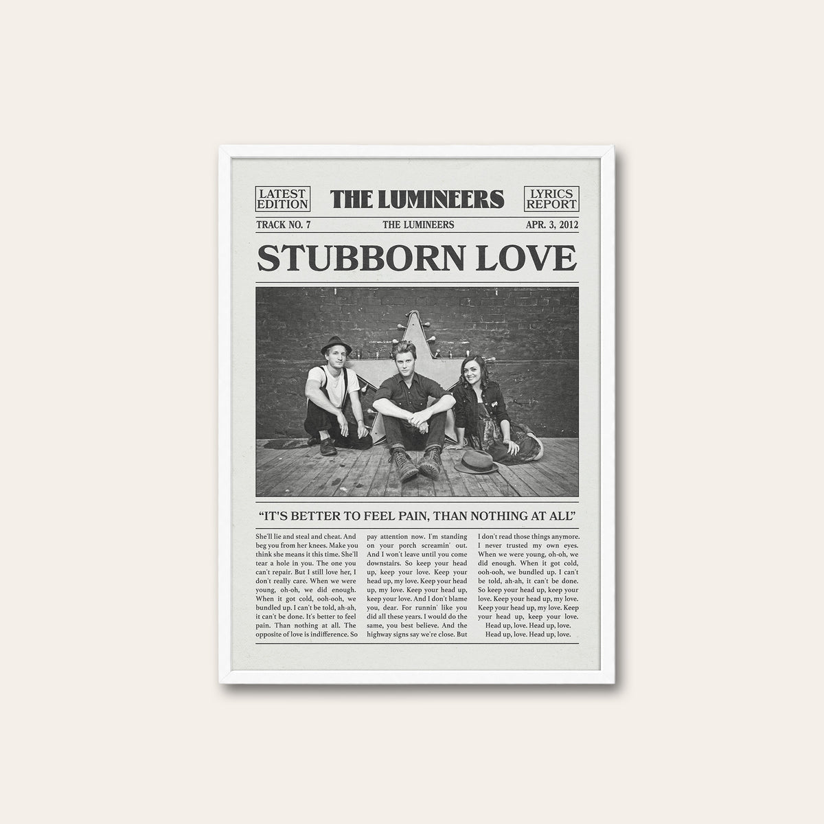 The Lumineers Stubborn Love newspaper poster, Band Photo — white frame