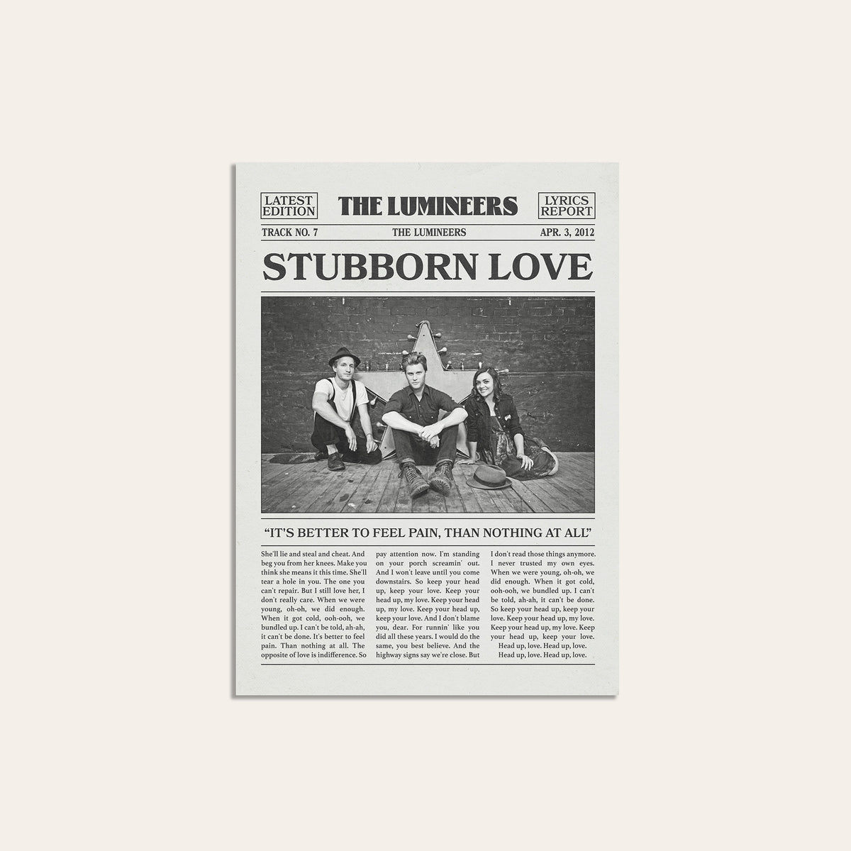 The Lumineers Stubborn Love newspaper poster, Band Photo — unframed print