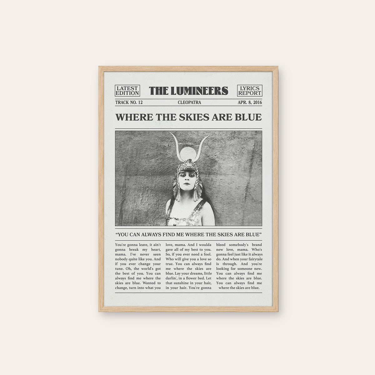 The Lumineers Where the Skies Are Blue newspaper poster — natural wood frame