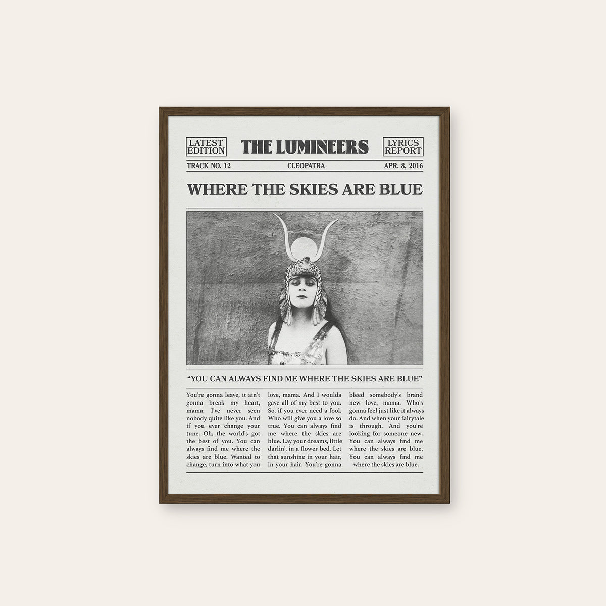 The Lumineers Where the Skies Are Blue newspaper poster — dark wood frame