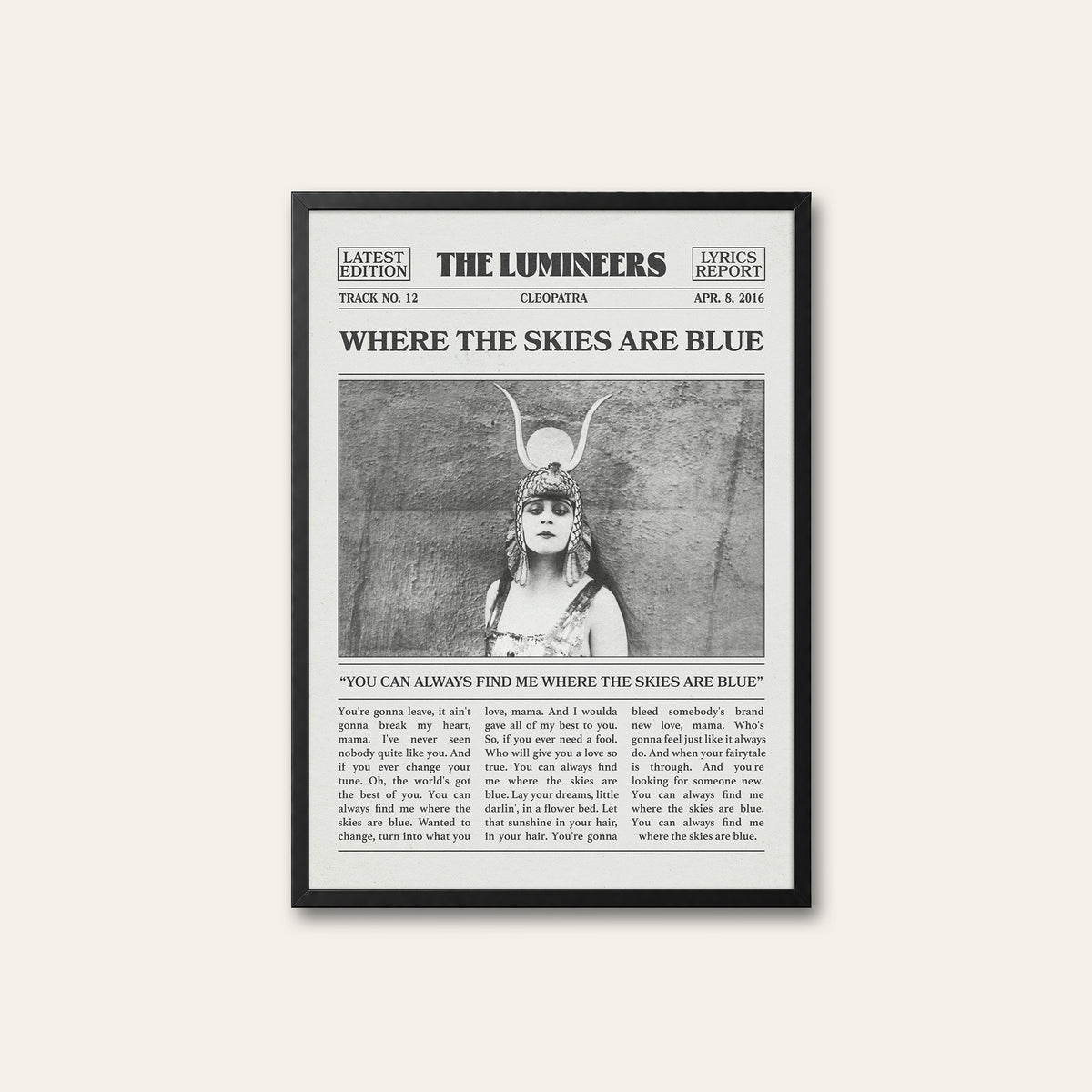 The Lumineers Where the Skies Are Blue newspaper poster — black frame