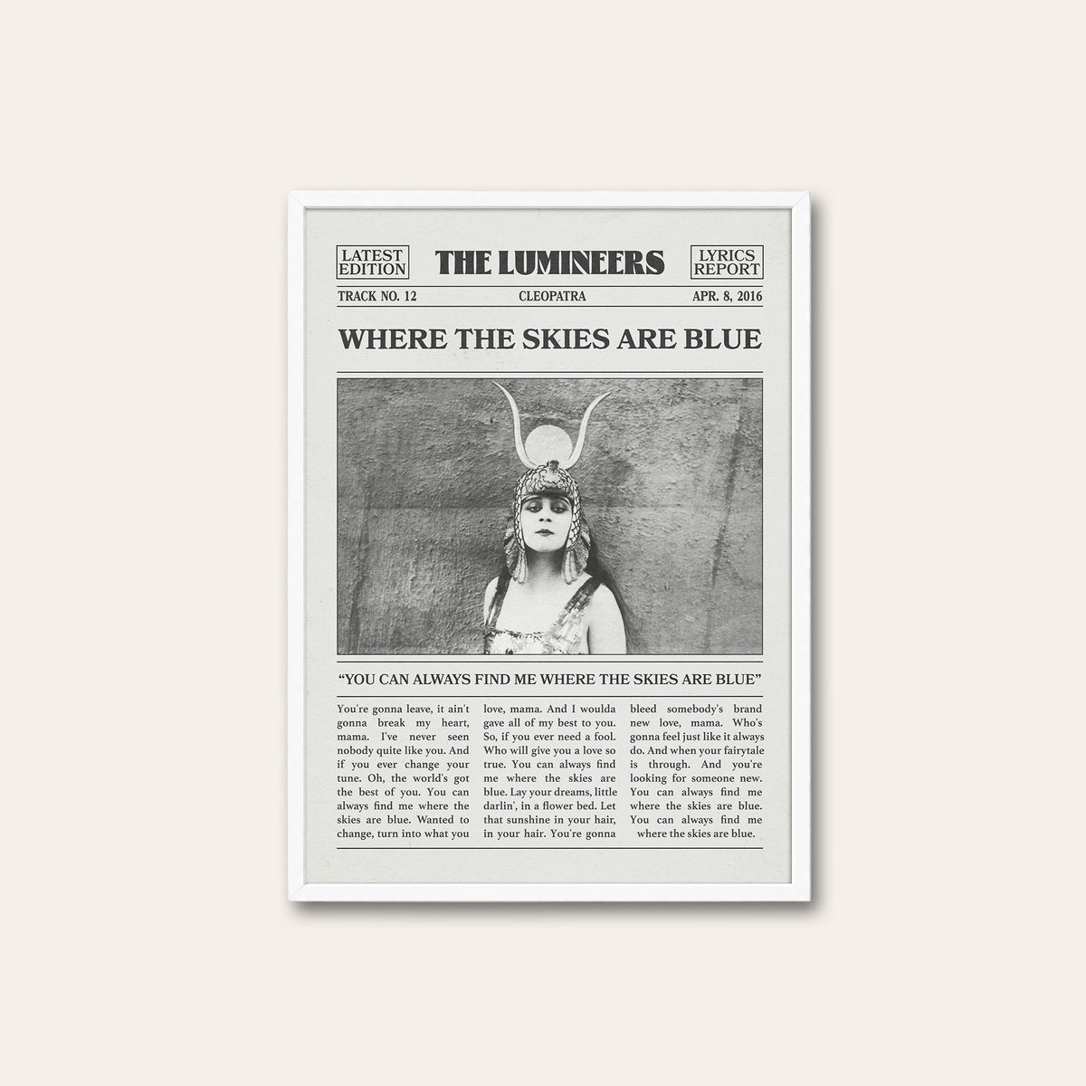 The Lumineers Where the Skies Are Blue newspaper poster — white frame