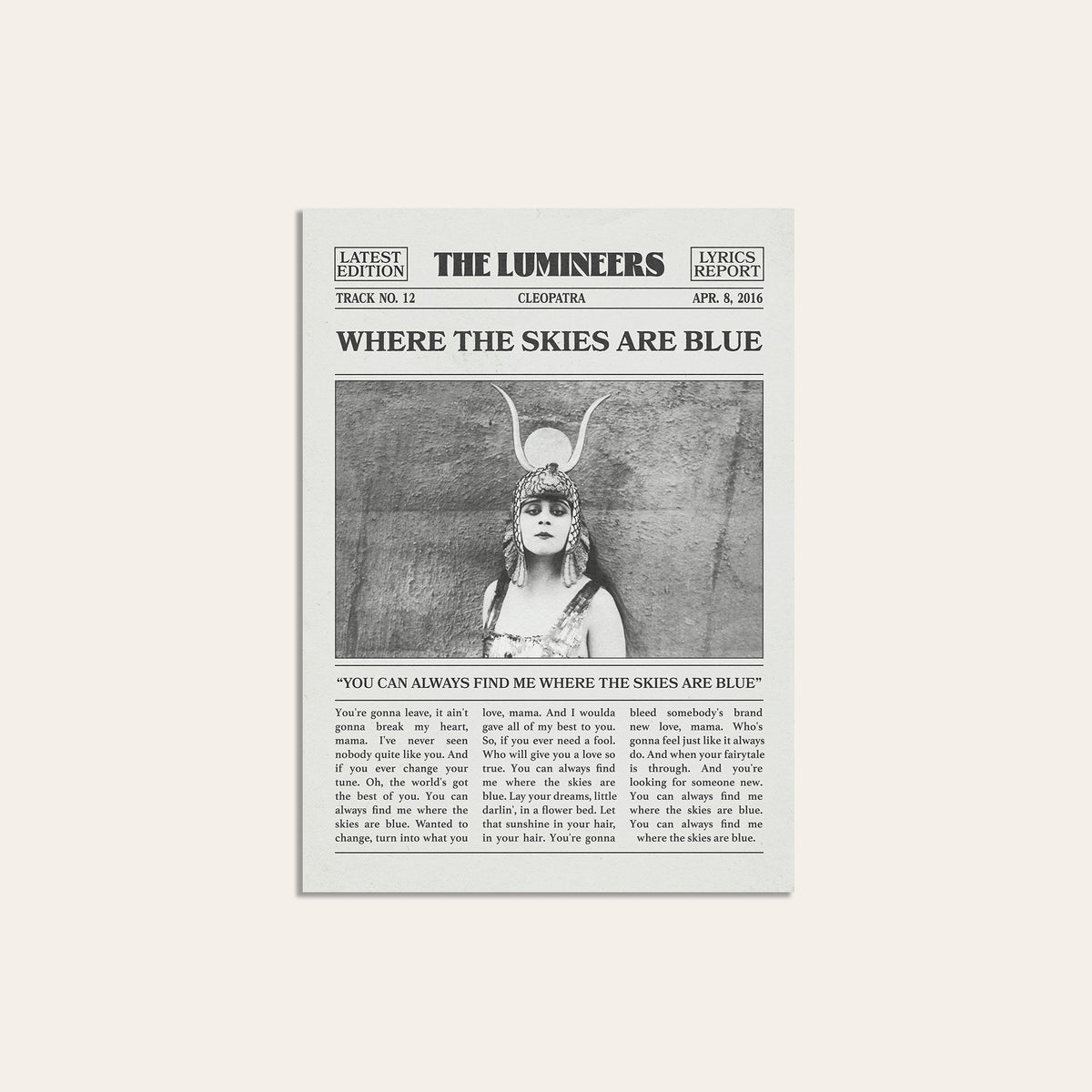 The Lumineers Where the Skies Are Blue newspaper poster — unframed print