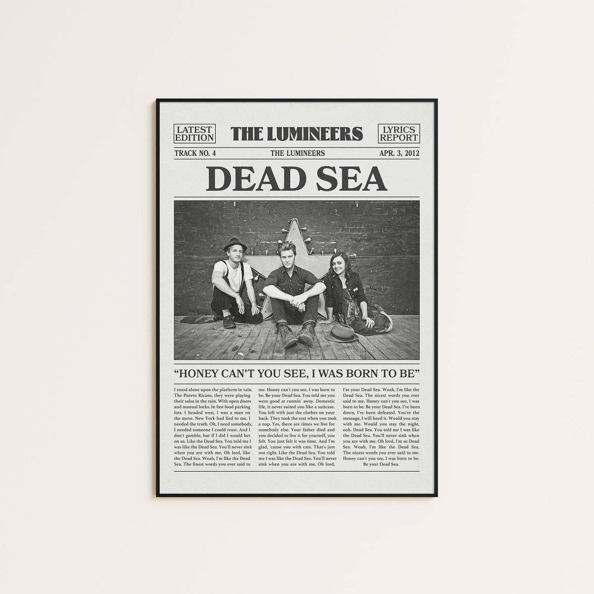The Lumineers Dead Sea newspaper poster — black frame display