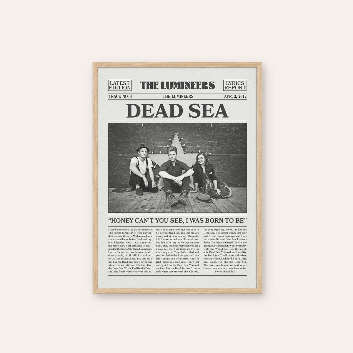 The Lumineers Dead Sea newspaper poster — natural wood frame
