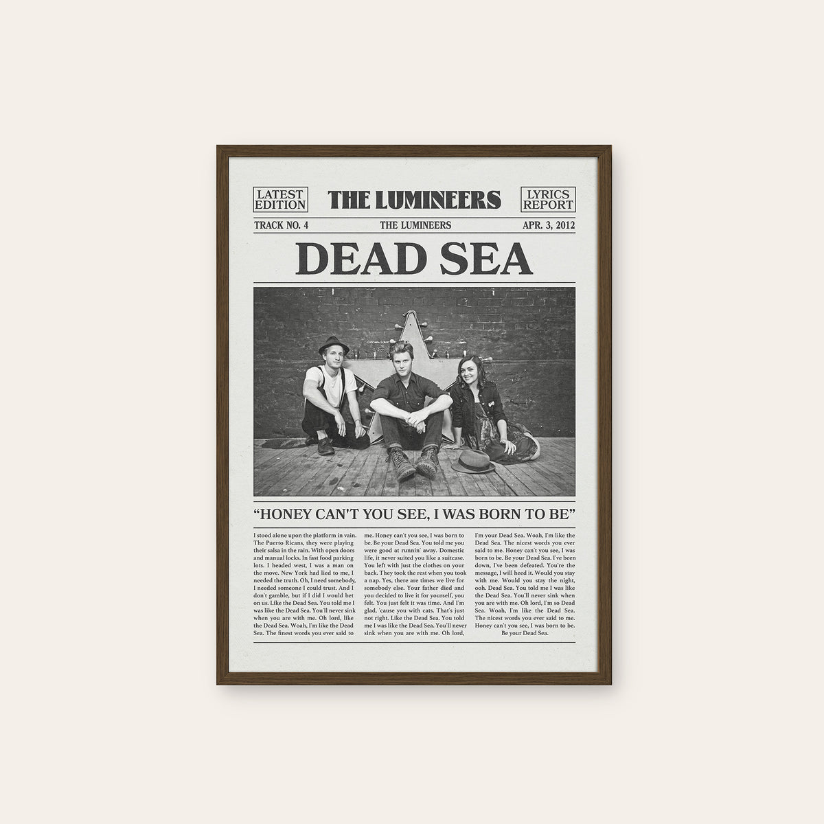 The Lumineers Dead Sea newspaper poster — dark wood frame