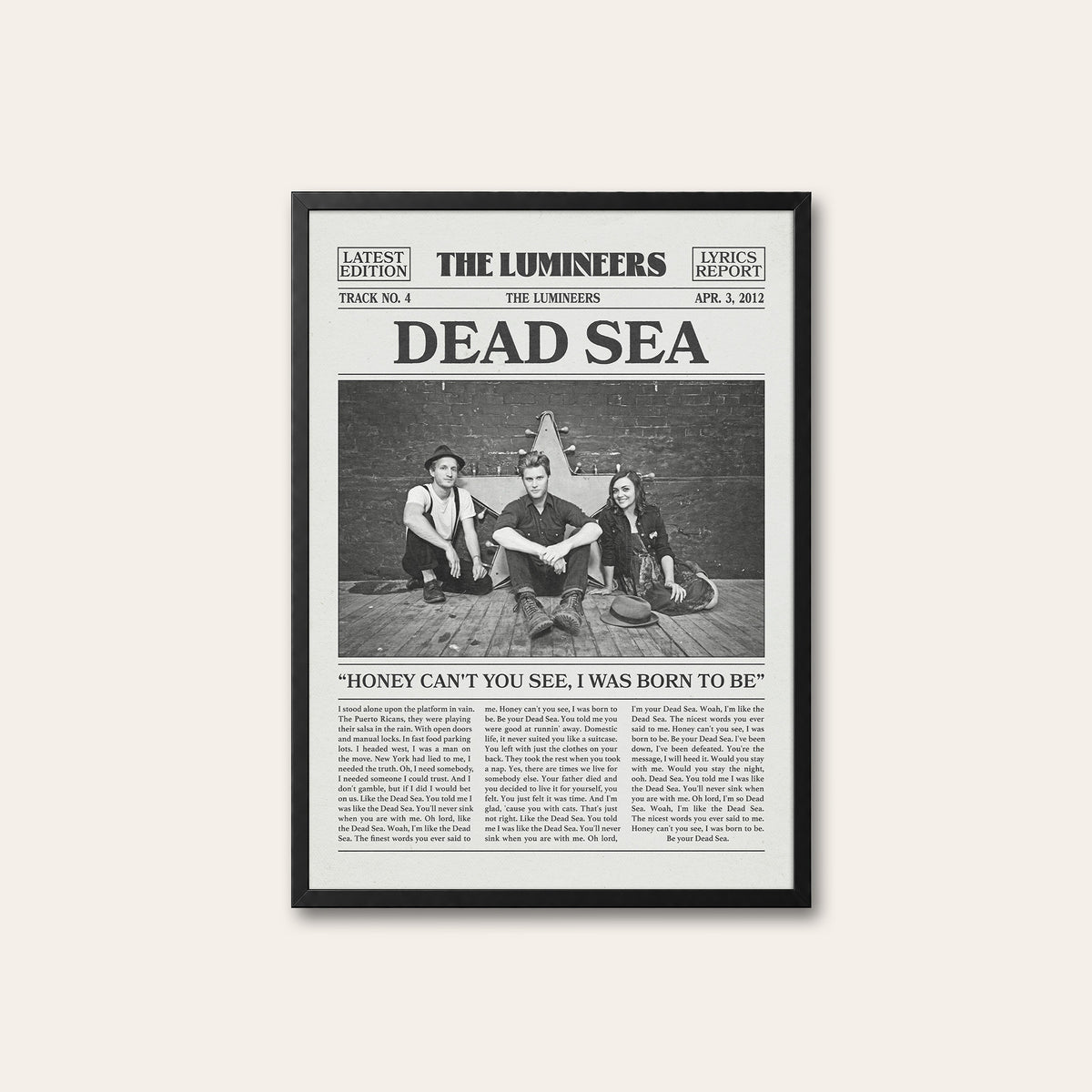The Lumineers Dead Sea newspaper poster — black frame
