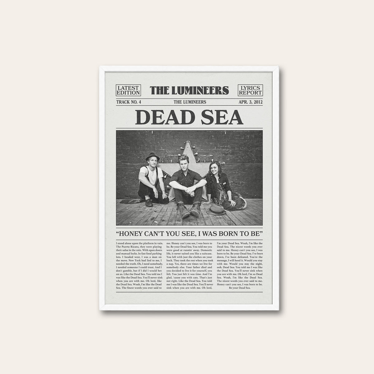 The Lumineers Dead Sea newspaper poster — white frame