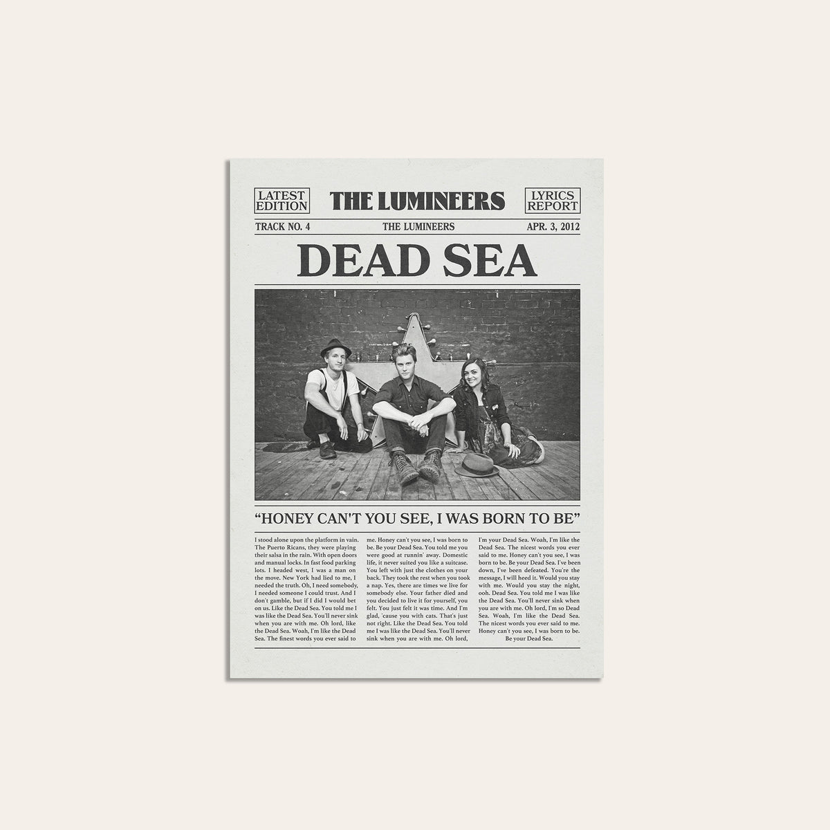 The Lumineers Dead Sea newspaper poster — unframed print