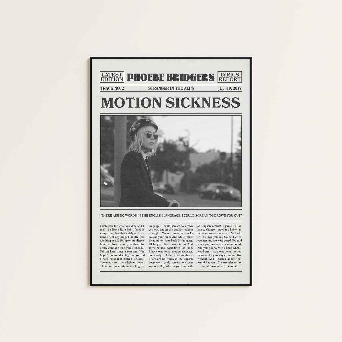 Phoebe Bridgers Motion Sickness newspaper poster — black frame display