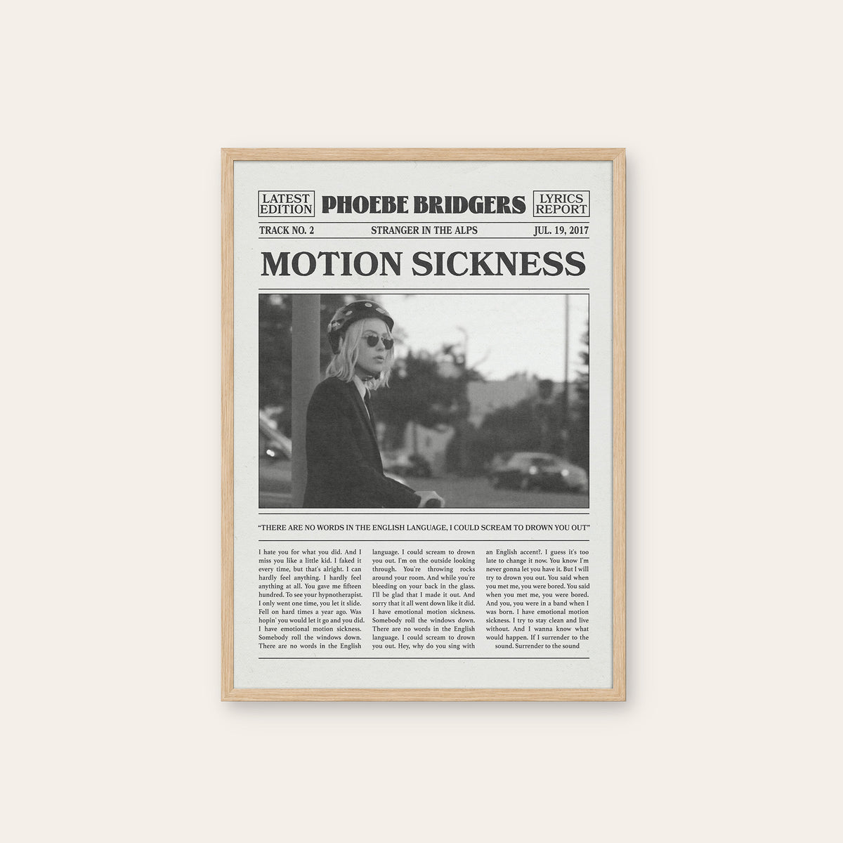 Phoebe Bridgers Motion Sickness newspaper poster — natural wood frame