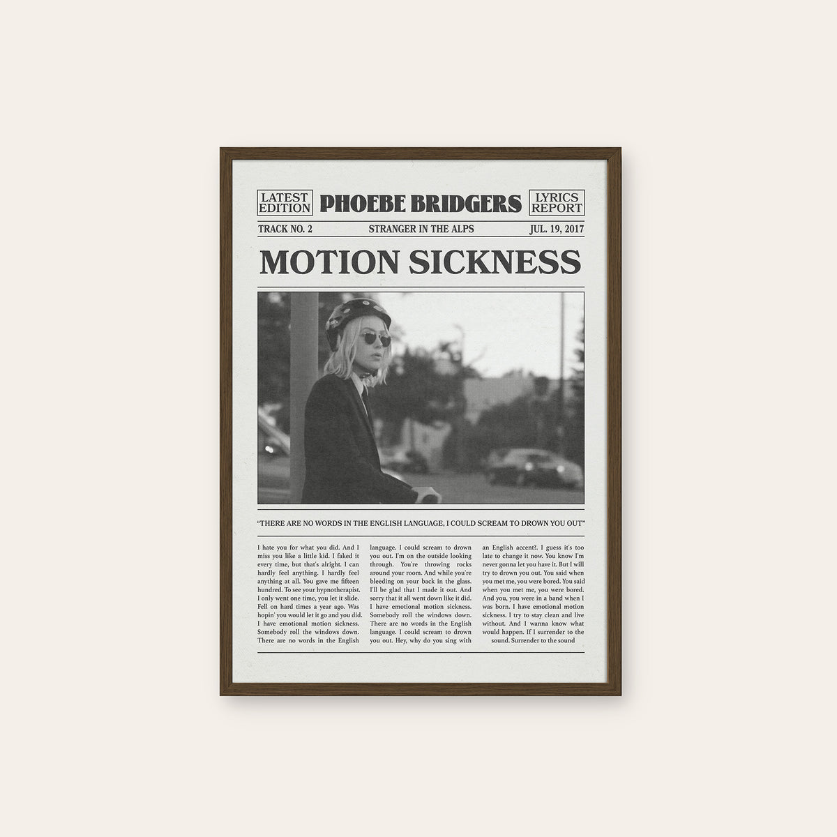 Phoebe Bridgers Motion Sickness newspaper poster — dark wood frame