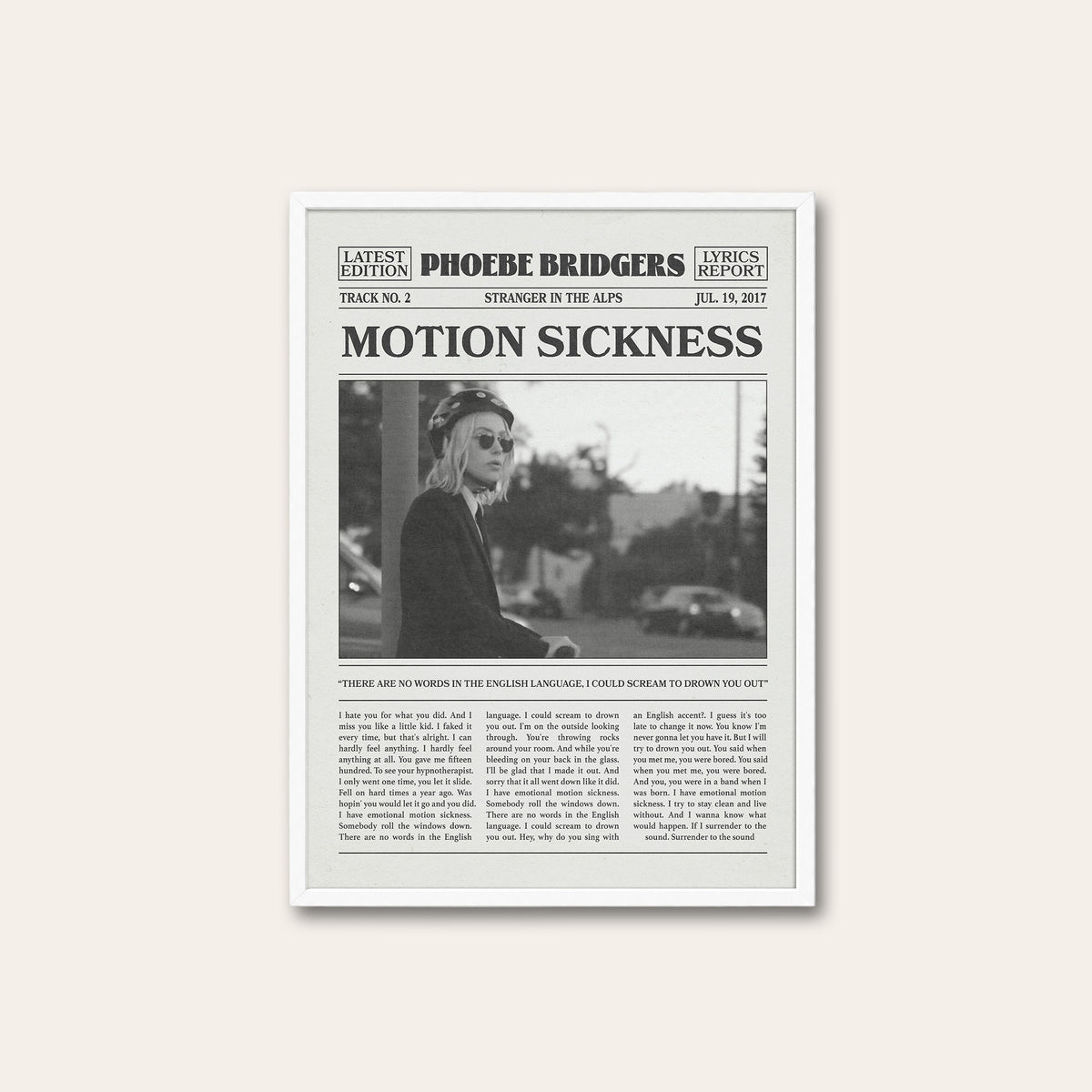 Phoebe Bridgers Motion Sickness newspaper poster — white frame
