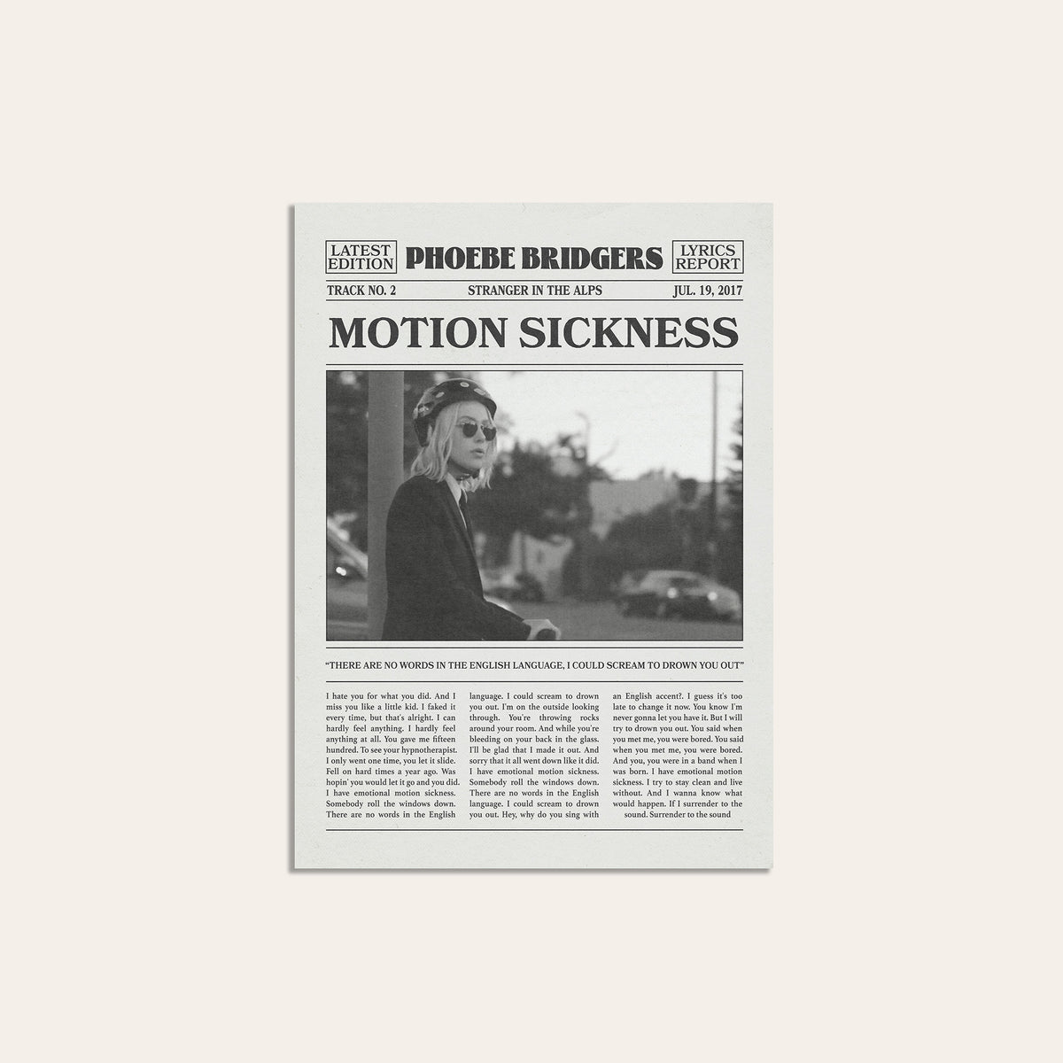 Phoebe Bridgers Motion Sickness newspaper poster — unframed print