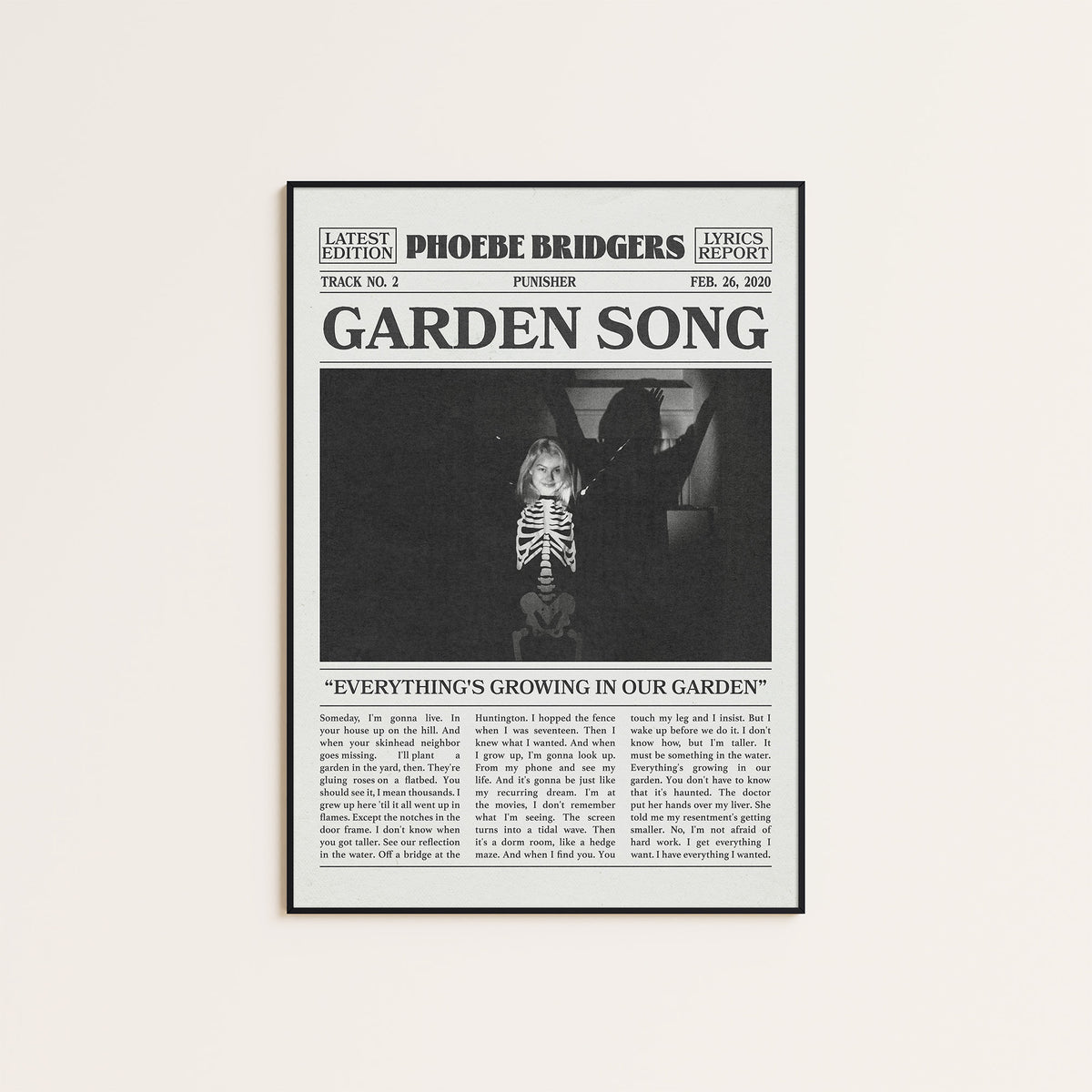 Phoebe Bridgers Garden Song newspaper poster — black frame display