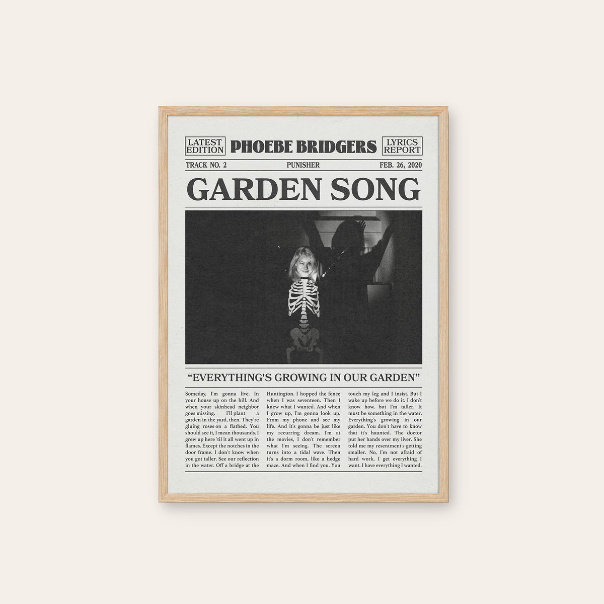 Phoebe Bridgers Garden Song newspaper poster — natural wood frame
