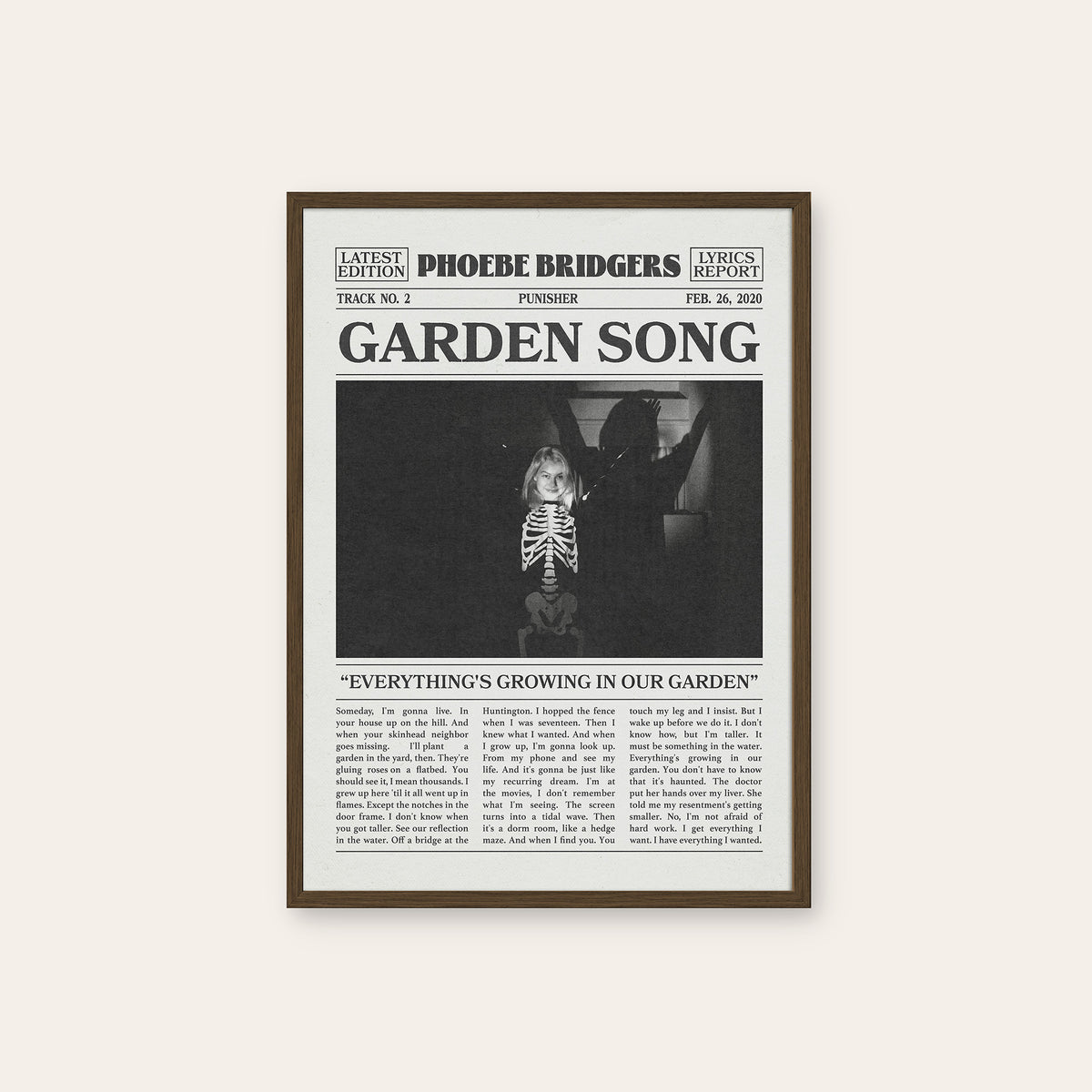 Phoebe Bridgers Garden Song newspaper poster — dark wood frame