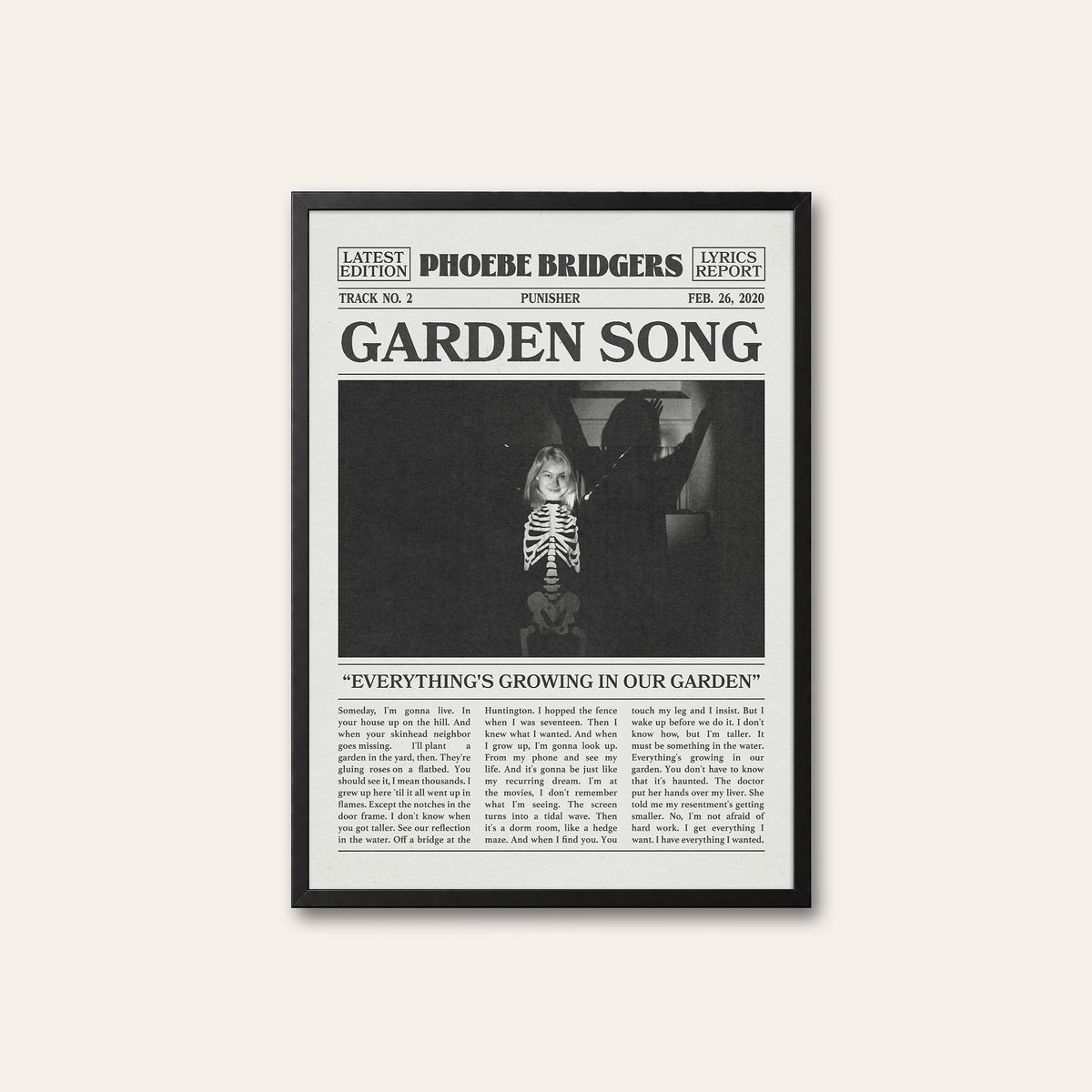 Phoebe Bridgers Garden Song newspaper poster — black frame