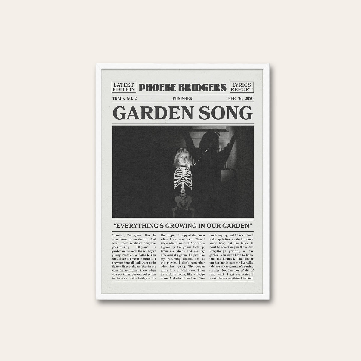 Phoebe Bridgers Garden Song newspaper poster — white frame