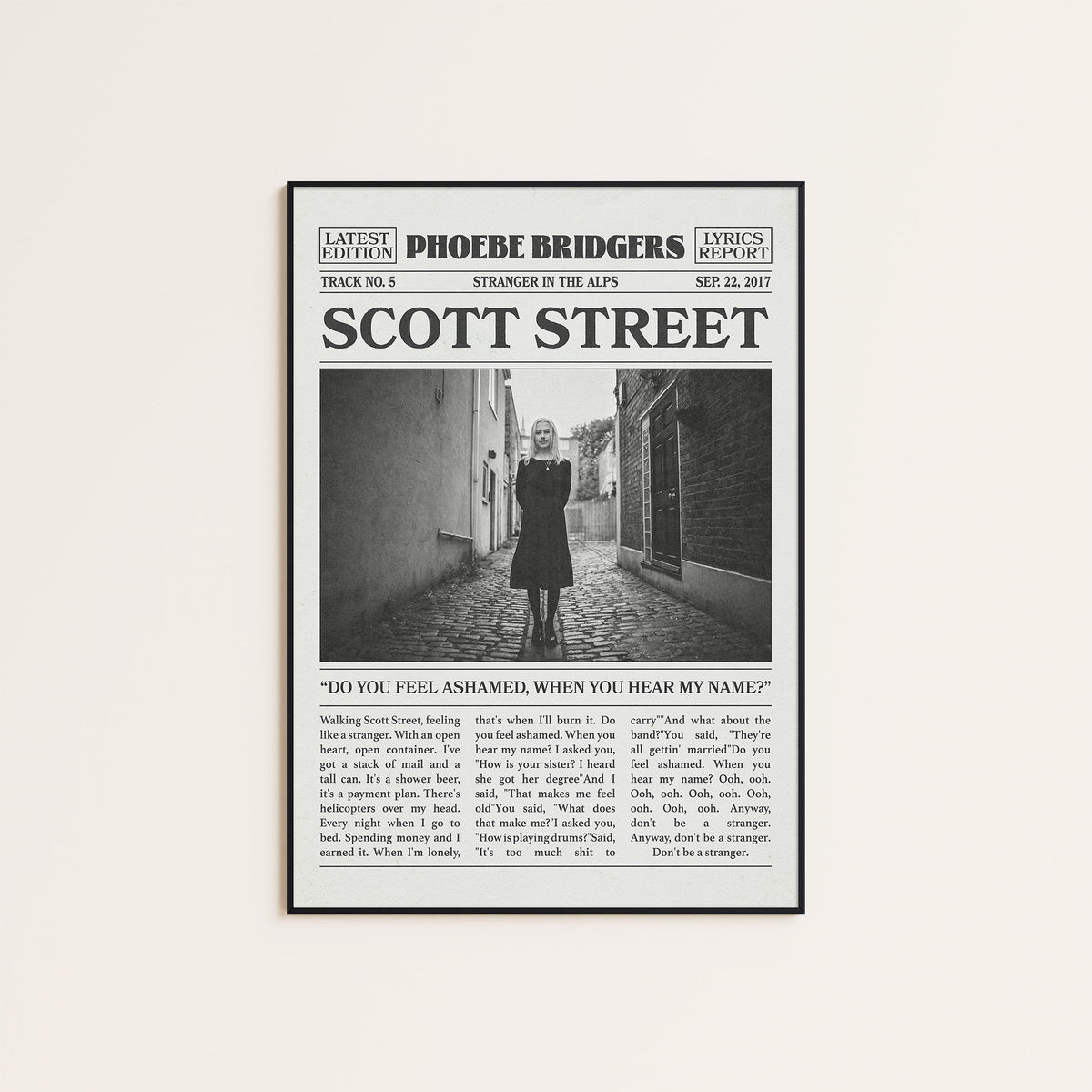 Phoebe Bridgers Scott Street newspaper poster — black frame display