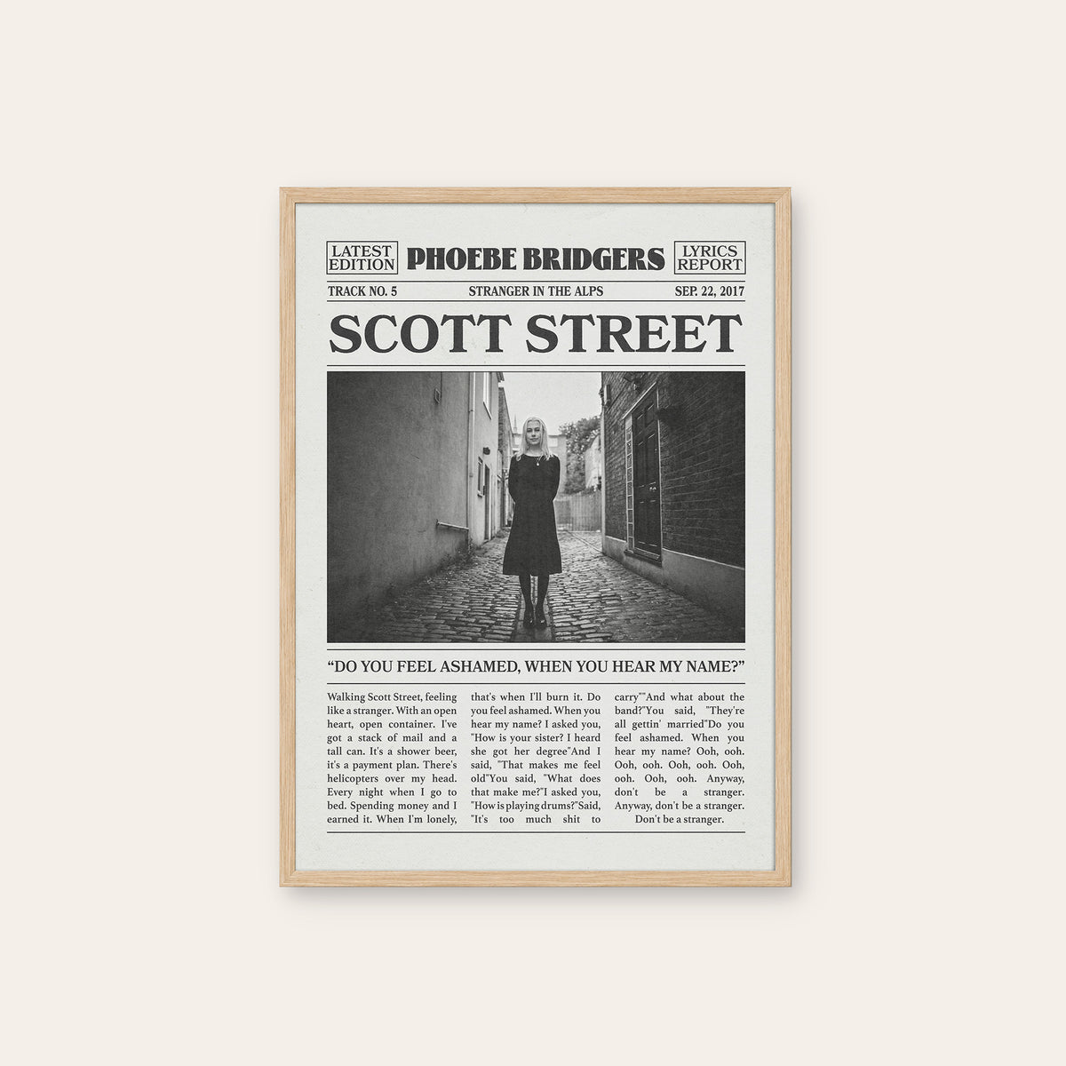 Phoebe Bridgers Scott Street newspaper poster — natural wood frame