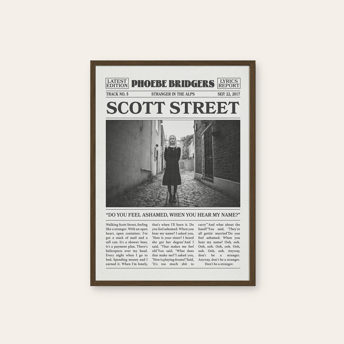 Phoebe Bridgers Scott Street newspaper poster — dark wood frame