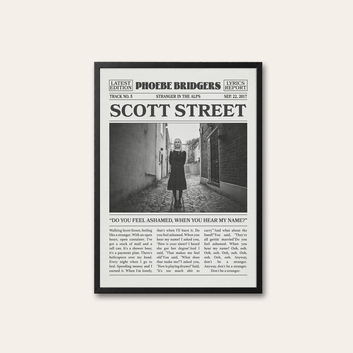 Phoebe Bridgers Scott Street newspaper poster — black frame