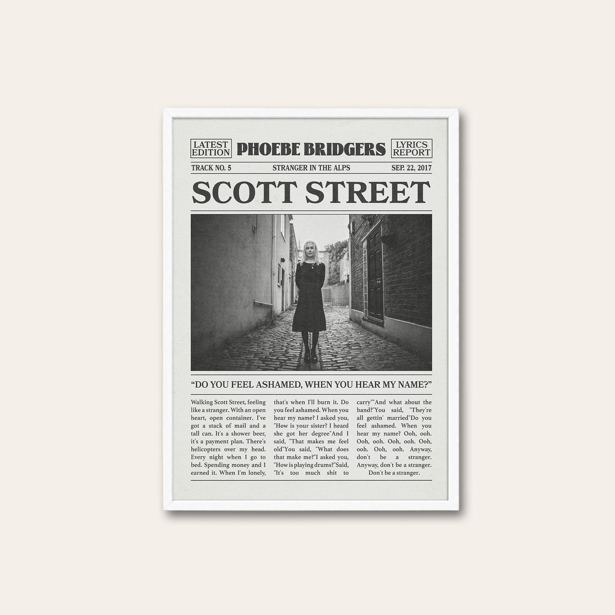 Phoebe Bridgers Scott Street newspaper poster — white frame