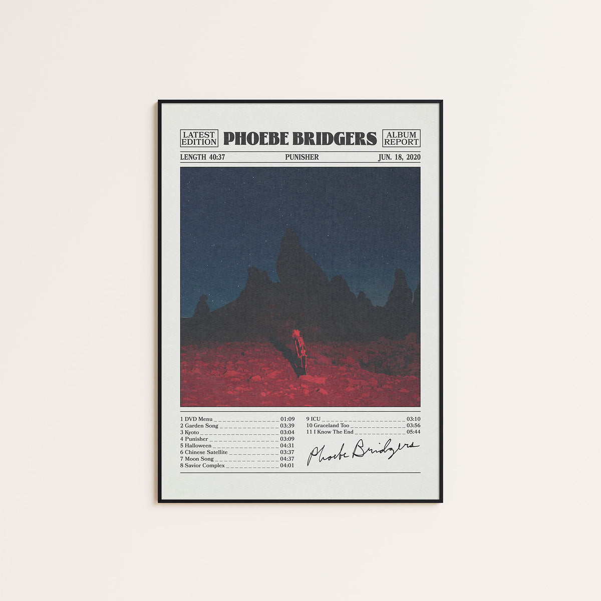 Phoebe Bridgers Punisher newspaper poster — black frame display