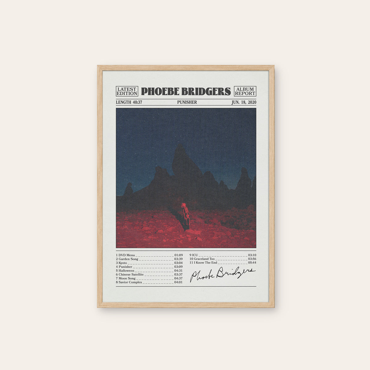 Phoebe Bridgers Punisher newspaper poster — natural wood frame