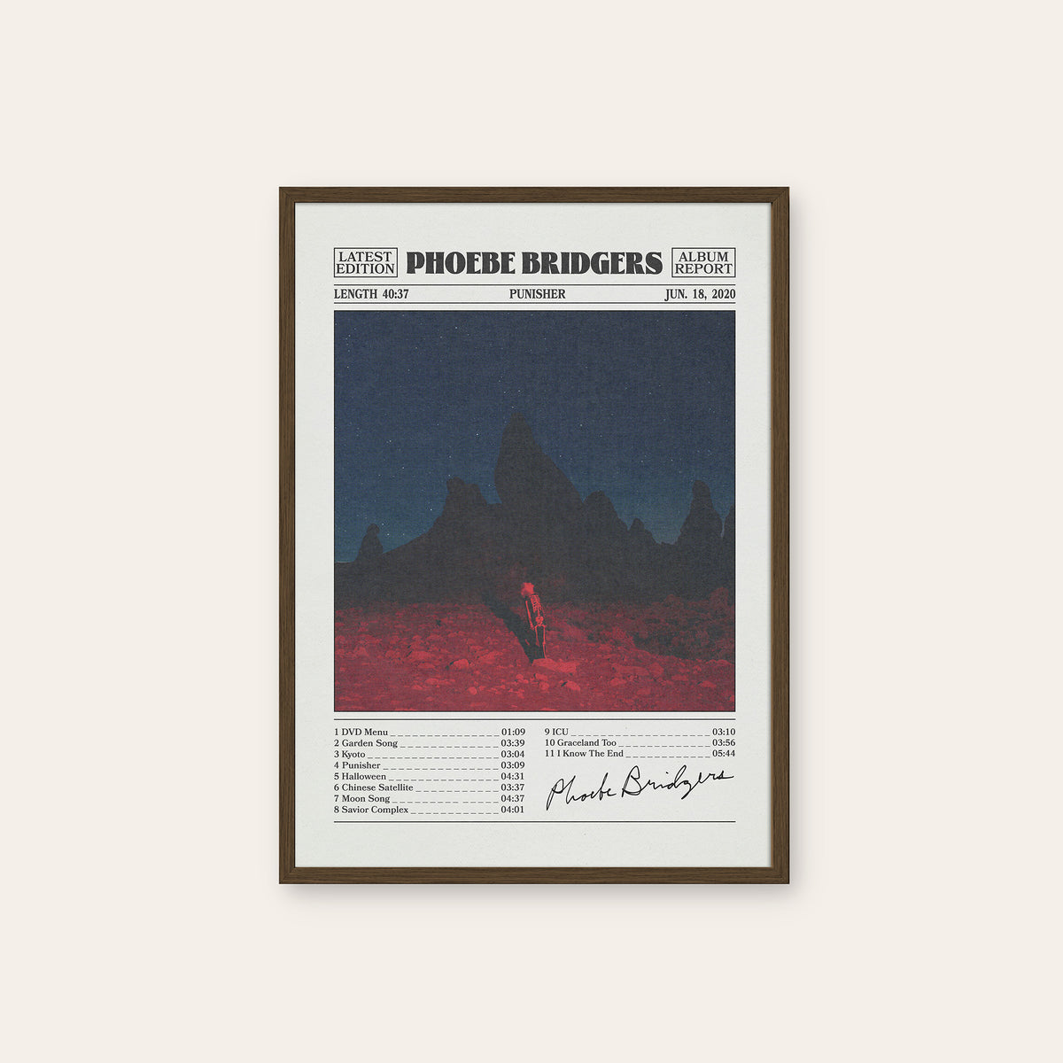 Phoebe Bridgers Punisher newspaper poster — dark wood frame