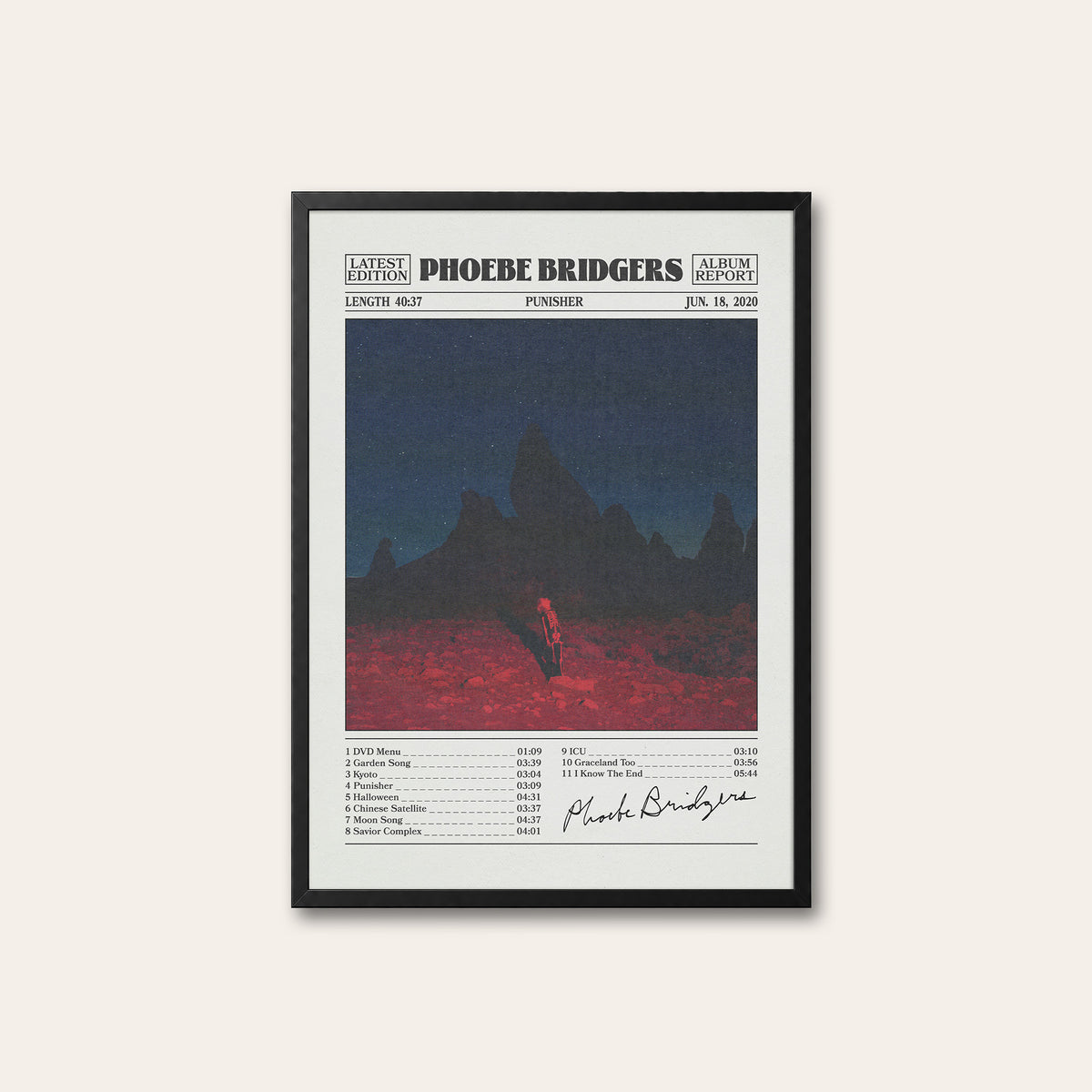 Phoebe Bridgers Punisher newspaper poster — black frame