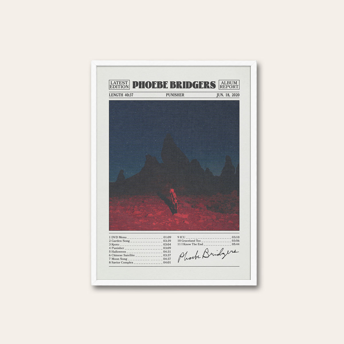 Phoebe Bridgers Punisher newspaper poster — white frame