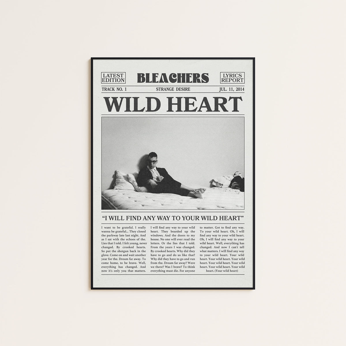 Bleachers Wild Heart newspaper poster — black frame display