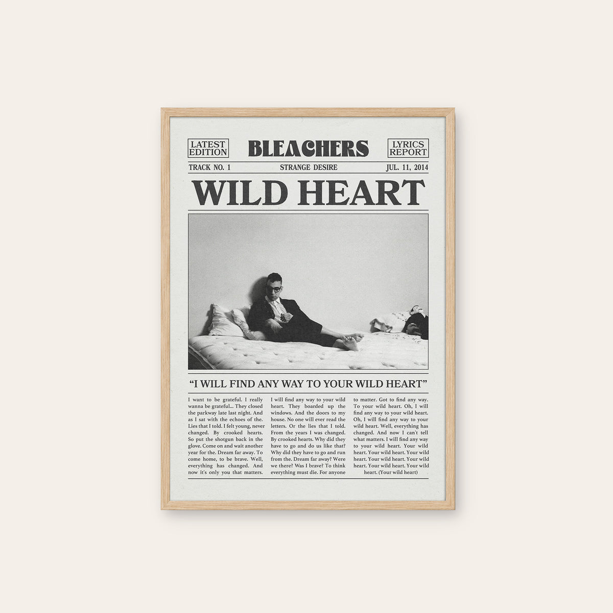 Bleachers Wild Heart newspaper poster — natural wood frame
