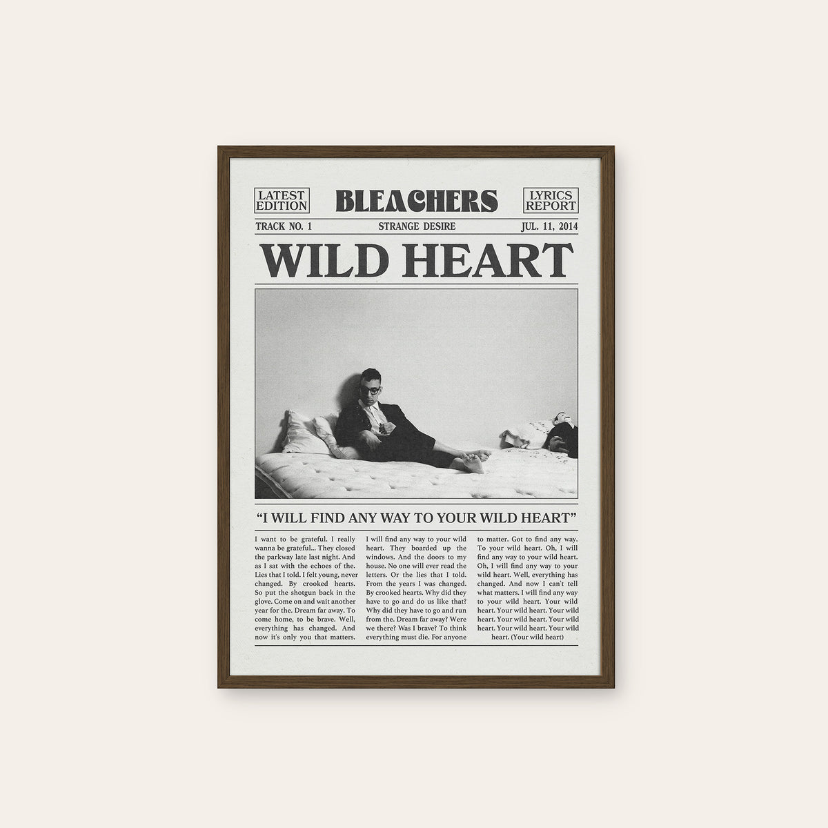 Bleachers Wild Heart newspaper poster — dark wood frame