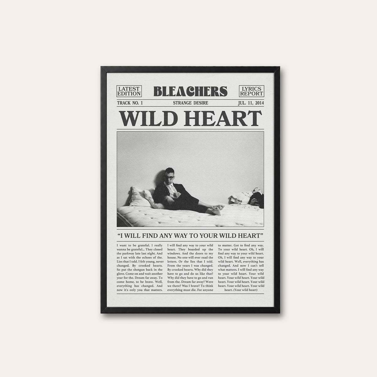 Bleachers Wild Heart newspaper poster — black frame
