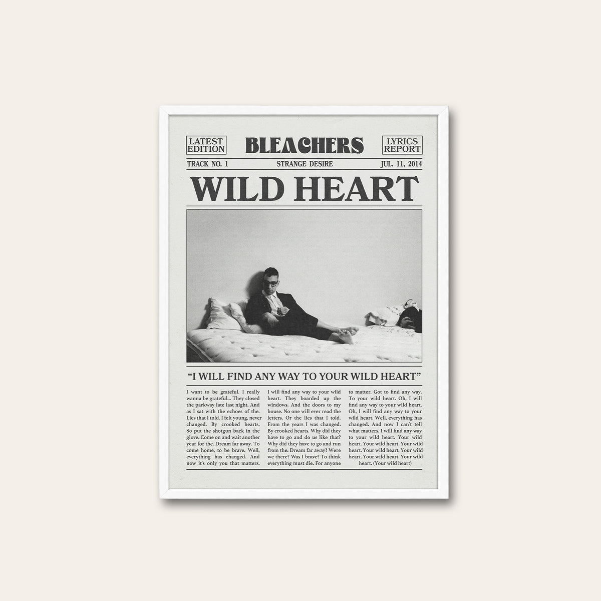 Bleachers Wild Heart newspaper poster — white frame