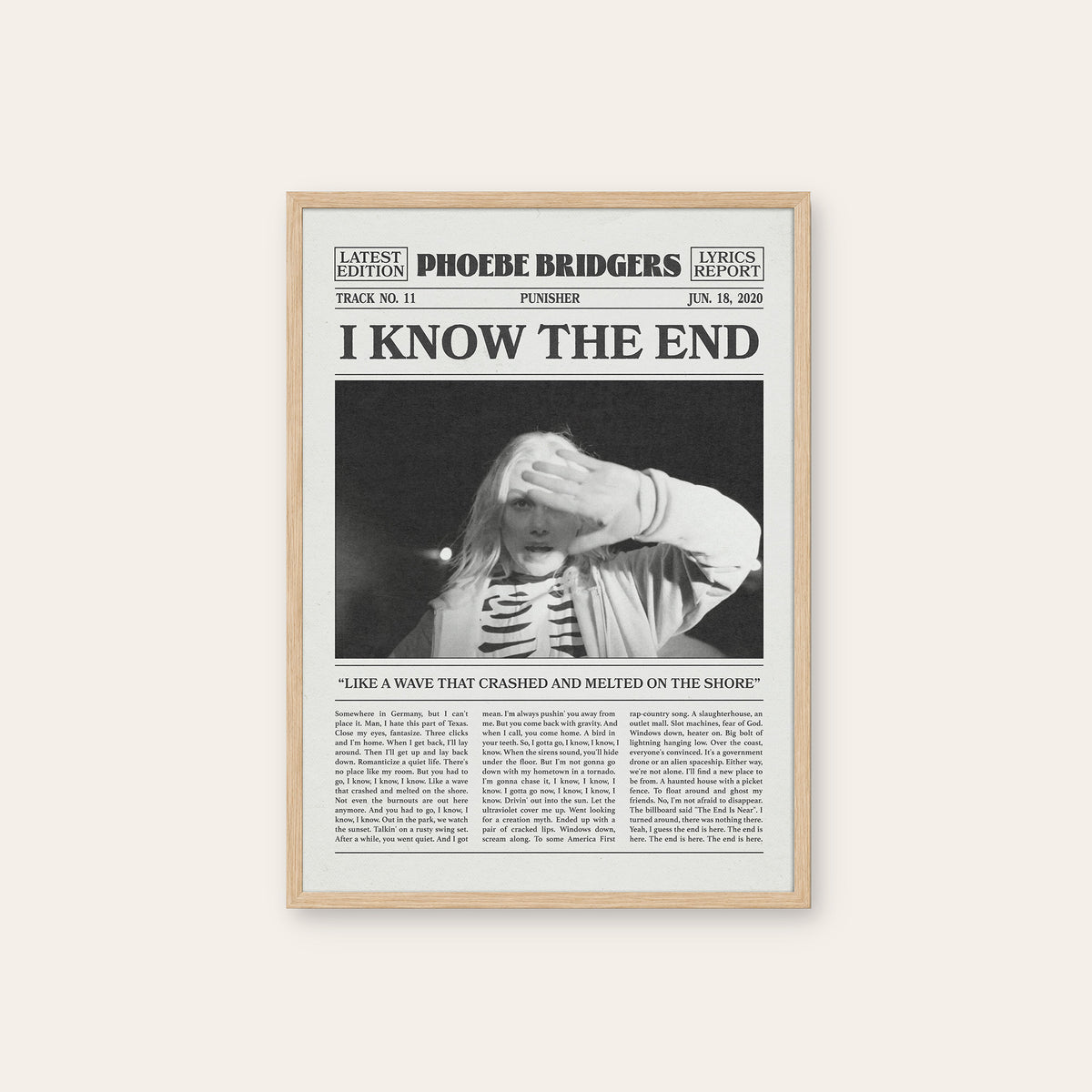 Phoebe Bridgers I Know the End newspaper poster — natural wood frame