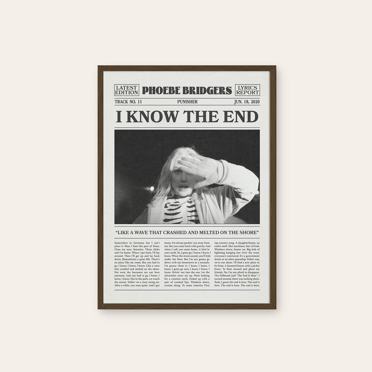 Phoebe Bridgers I Know the End newspaper poster — dark wood frame