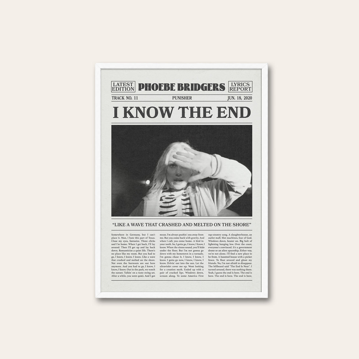 Phoebe Bridgers I Know the End newspaper poster — white frame