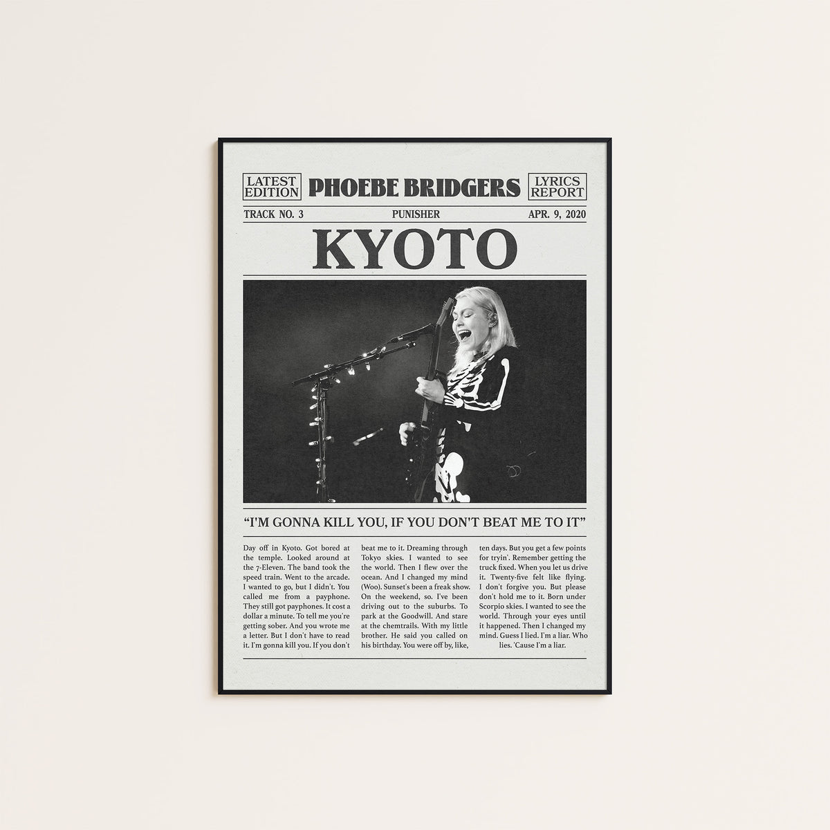 Phoebe Bridgers Kyoto newspaper poster — black frame display
