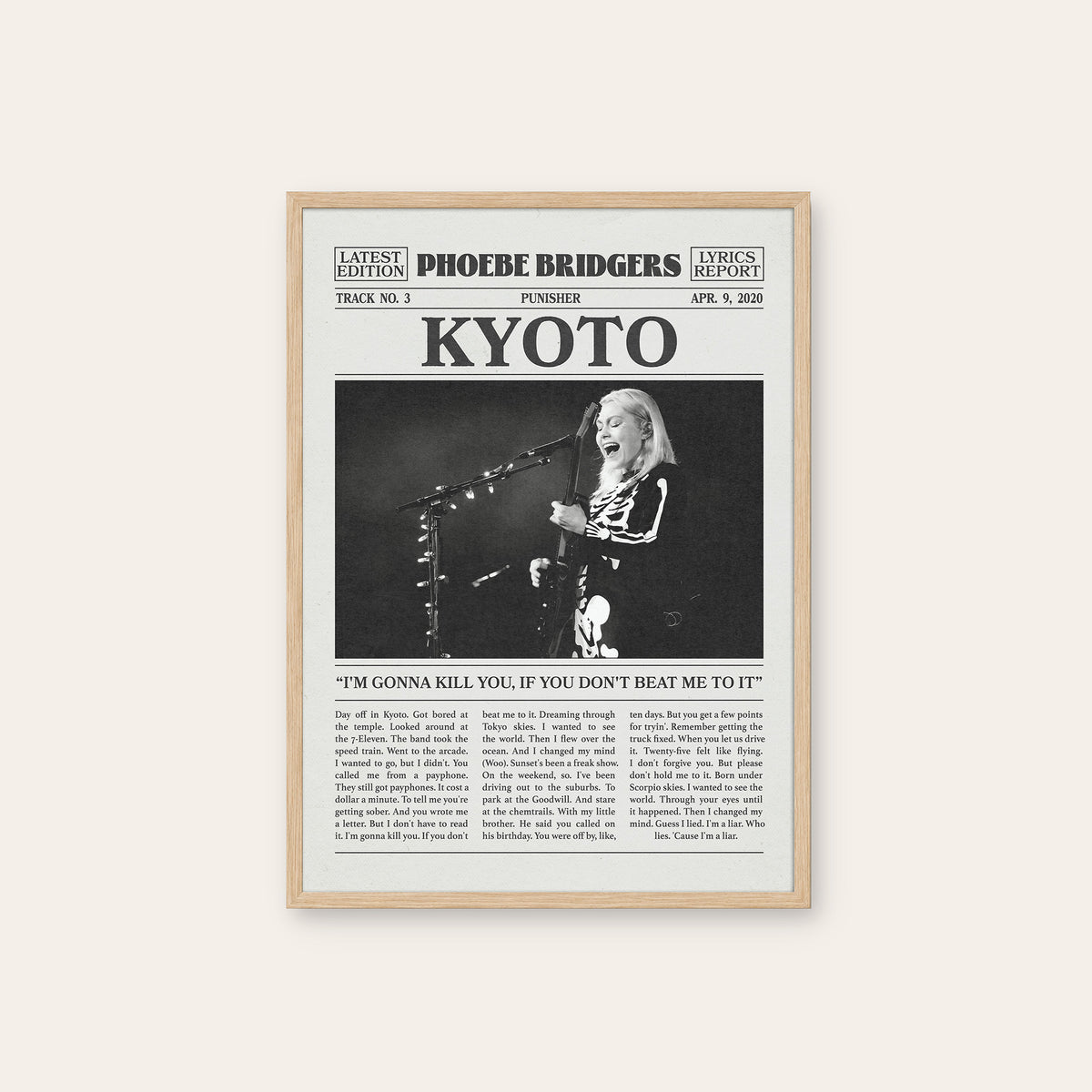 Phoebe Bridgers Kyoto newspaper poster — natural wood frame