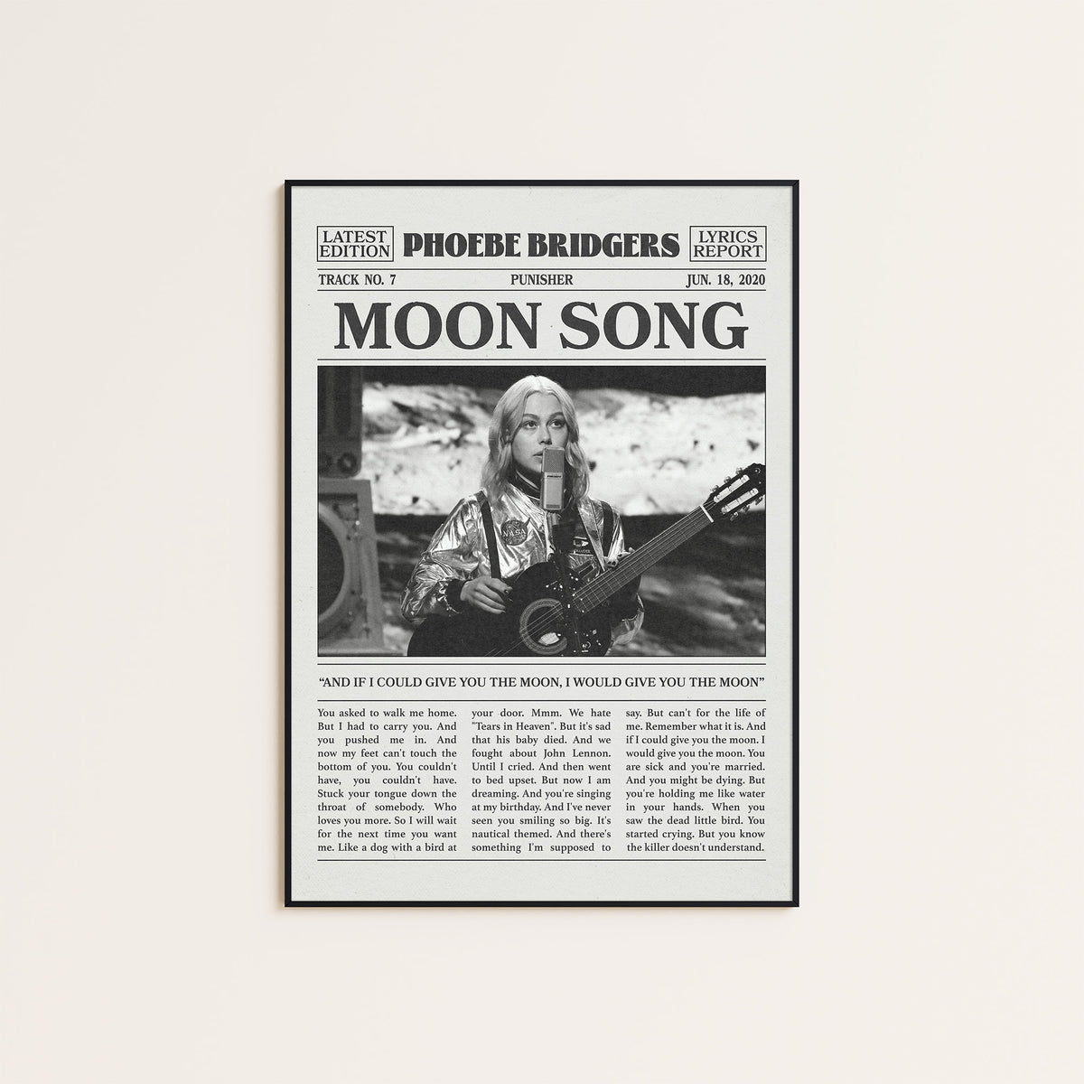 Phoebe Bridgers Moon Song newspaper poster, Guitar — black frame display