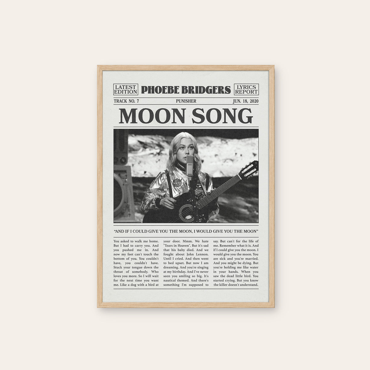 Phoebe Bridgers Moon Song newspaper poster, Guitar — natural wood frame