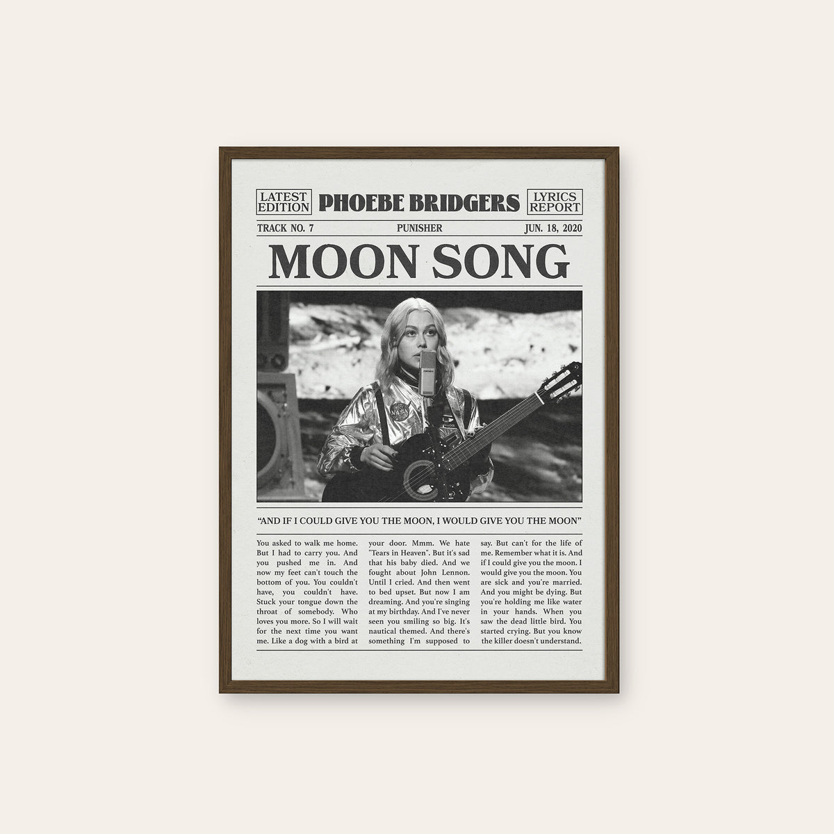 Phoebe Bridgers Moon Song newspaper poster, Guitar — dark wood frame