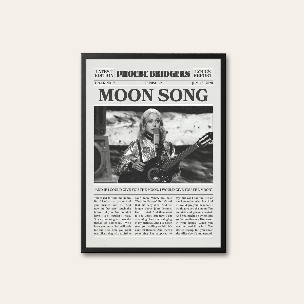 Phoebe Bridgers Moon Song newspaper poster, Guitar — black frame