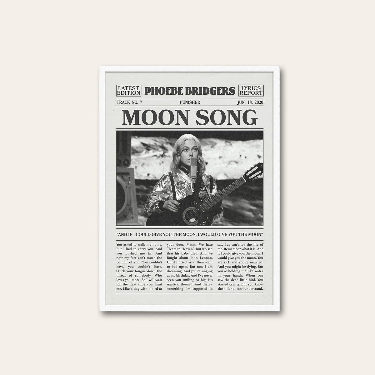 Phoebe Bridgers Moon Song newspaper poster, Guitar — white frame