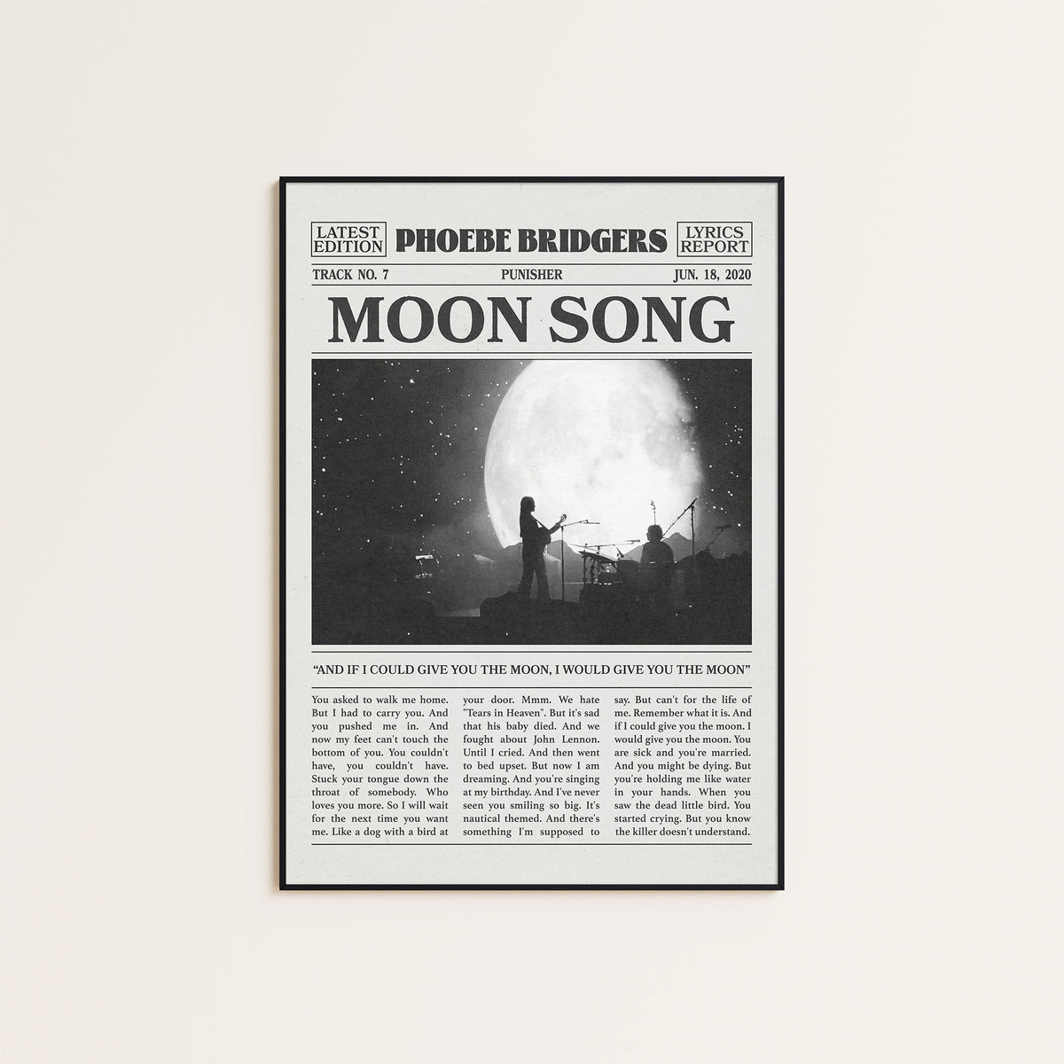 Phoebe Bridgers Moon Song newspaper poster, Moon Stage — black frame display