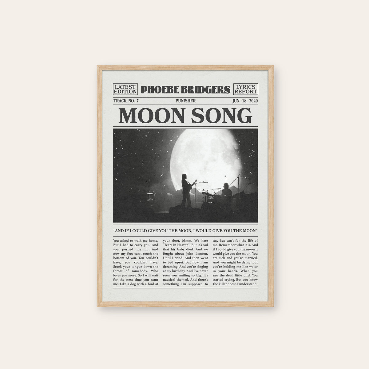 Phoebe Bridgers Moon Song newspaper poster, Moon Stage — natural wood frame